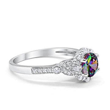Floral Art Deco Engagement Ring Simulated Rainbow CZ 925 Sterling Silver